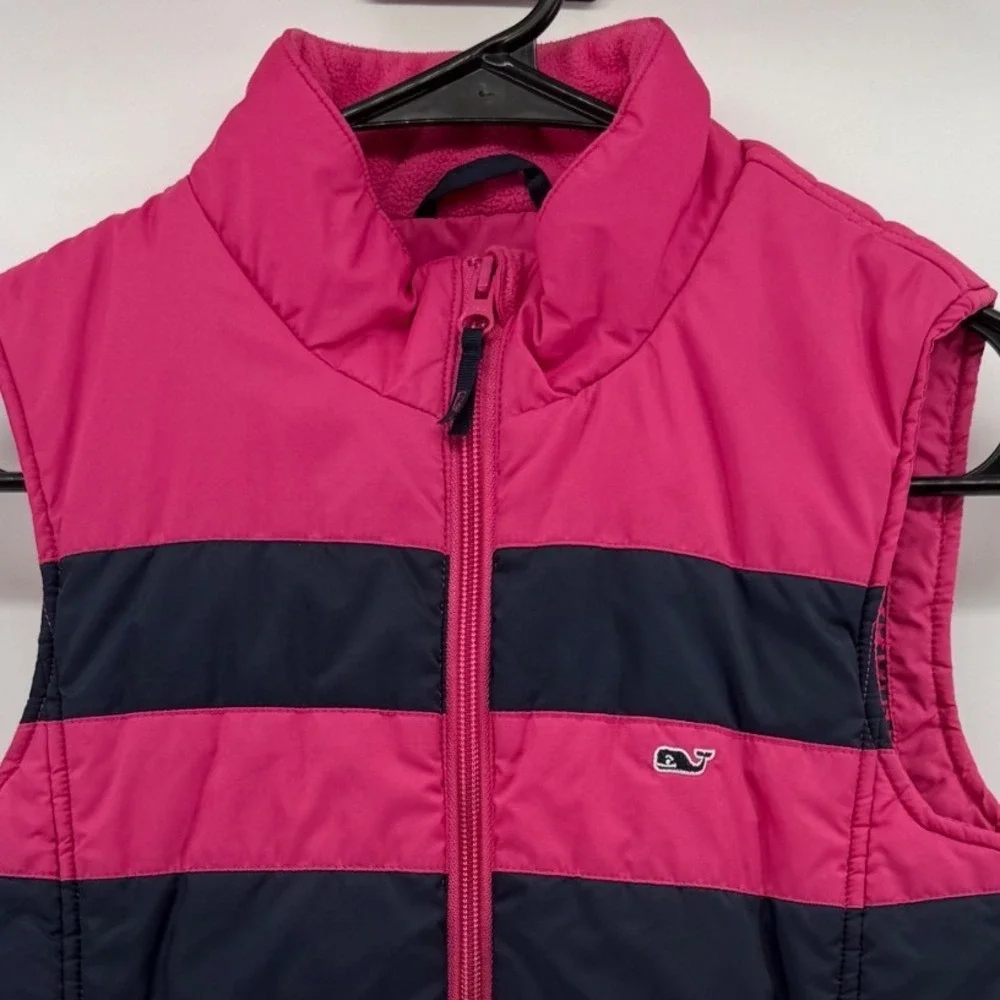 Vineyard Vines Girls Pink Navy Blue Striped Puffer Vest Size S 7-8 Fleece Collar